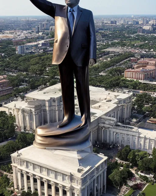 Image similar to a gigantic 1 0 0 0 foot tall bronze statue of a president donald trump, thousands of tiny onlookers, photorealistic, atmospheric