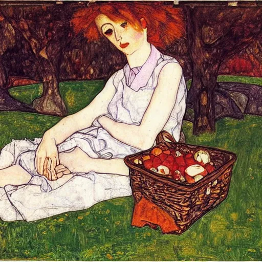 Image similar to girl at a picnic,, by Egon Schiele