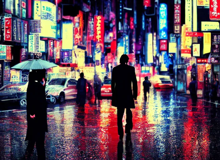 Image similar to cinematic shot of John Wick walking on the streets of Tokyo, rainy streets, neon lights, LEDs, concept art oil painting by Jama Jurabaev, extremely detailed, brush hard, artstation