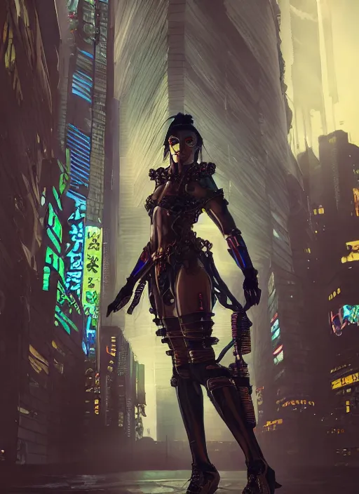 Prompt: excellent quality full body painting of a cyberpunk samurai with a cyberpunk city night background, 4k, trending on artstation, octane render, art by artgerm and greg rutkowski and alphonse mucha and craig mullins and James Jean and Andrei Riabovitchev and Marc Simonetti and peter mohrbacher