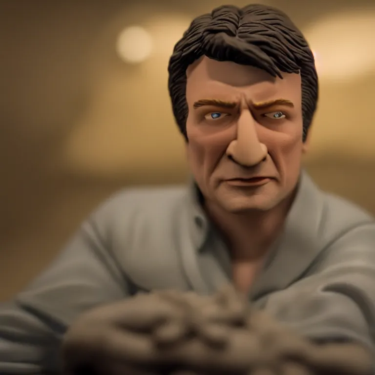 Prompt: a cinematic film still of a claymation stop motion film starring nathan fillion, shallow depth of field, 8 0 mm, f 1. 8