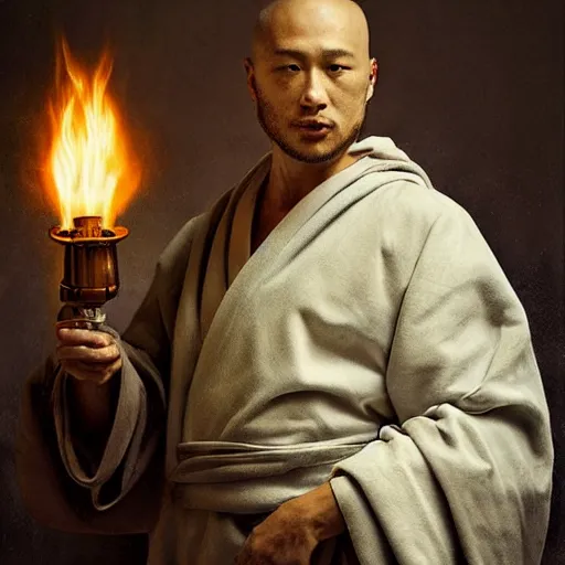 Image similar to attractive canine wolf wearing a monk robes holding invense burner. natural lighting by ruan jia, portrait