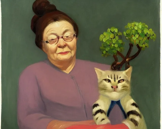 Prompt: detailed portrait of an old lady and her plant cat, Edward Hopper, sharp high quality