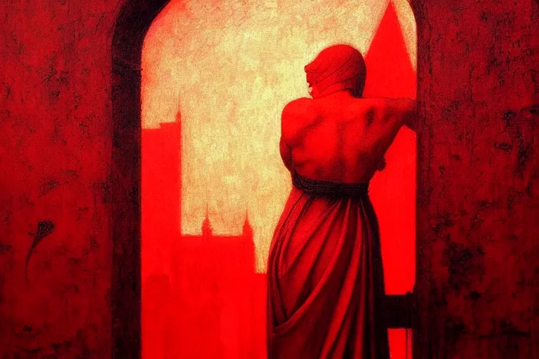 Image similar to only with red, a red angel announce the win, at the gates of a rich renaissance city. inthe background, pathos, in the style of beksinski, part by hopper, part by rodcenko, part by hofbauer, intricate composition, red by caravaggio, insanely quality, highly detailed, masterpiece, red light, artstation