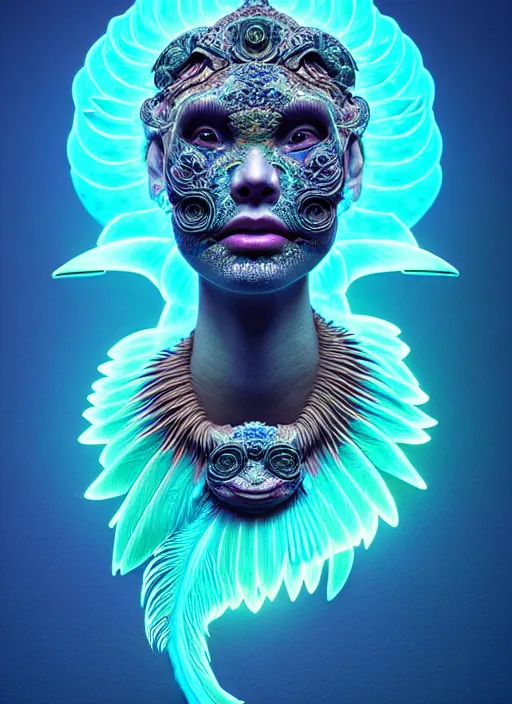 Image similar to 3 d goddess face portrait, sigma 5 0 0 mm f / 5. beautiful intricate highly detailed quetzalcoatl skull and feathers. bioluminescent, plasma, lava, ice, water, wind, creature, thunderstorm! artwork by tooth wu and wlop and beeple and greg rutkowski, 8 k trending on artstation,