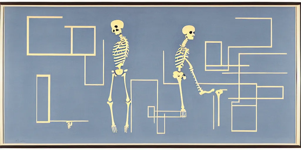 Image similar to blueprint for a woman's skeleton, josef albers, brushstrokes, white lines, oil painting