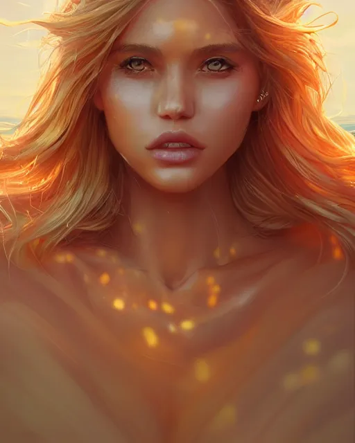 Image similar to summer vibes, beautiful sun tanned goddess, flowy golden hair, sun, summer, beach, cinematic lighting, highly detailed, digital painting, trending on artstation, pixiv, concept art, sharp focus, illustration, art by ross tran and wlop