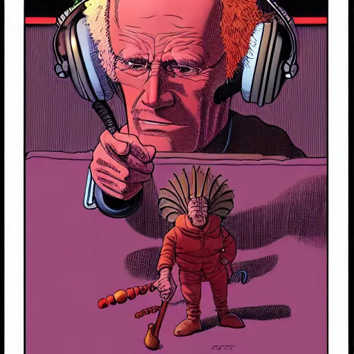 Image similar to drawn in the style of jean giraud!! moebius!! rackham the red wearing headphones and speaking into big microphone, podcast studio