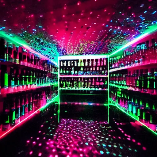 Prompt: a dark room with fluorescent liquids in bottles glowing in the dark