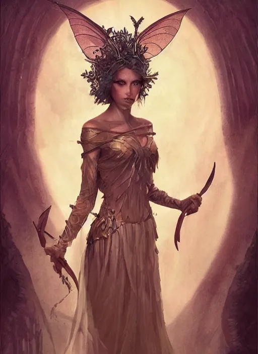 Prompt: tarot!!, fairy queen, fantasy medieval, no noise, elegant, concept art, sharp focus, beautiful face!!, digital art, smooth defined outlines!!, by Brom, trending on Artstation, Tom Bagshaw, Sargent