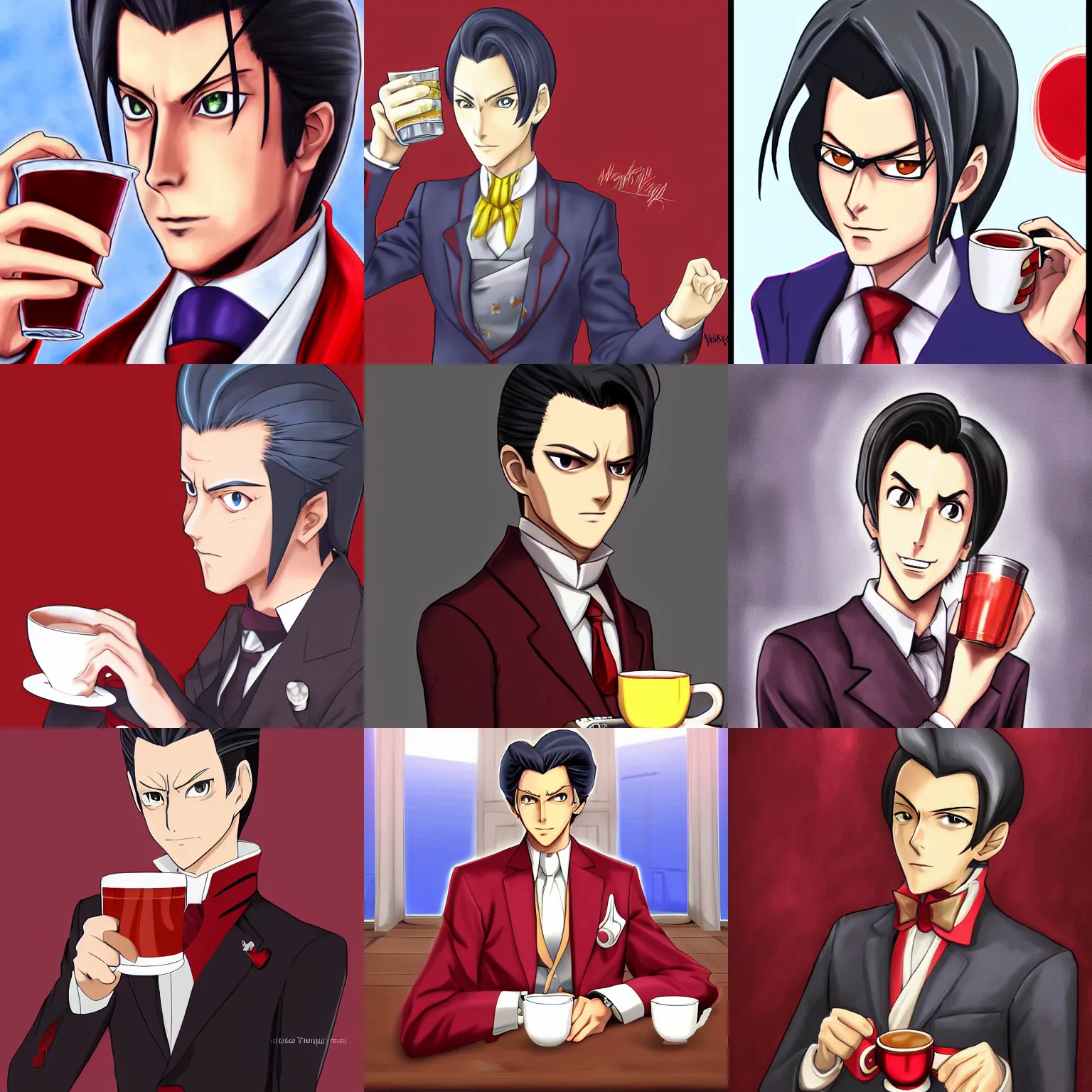 Prompt: miles edgeworth drinks tea, ace attorney style, digital painting, anime, portrait