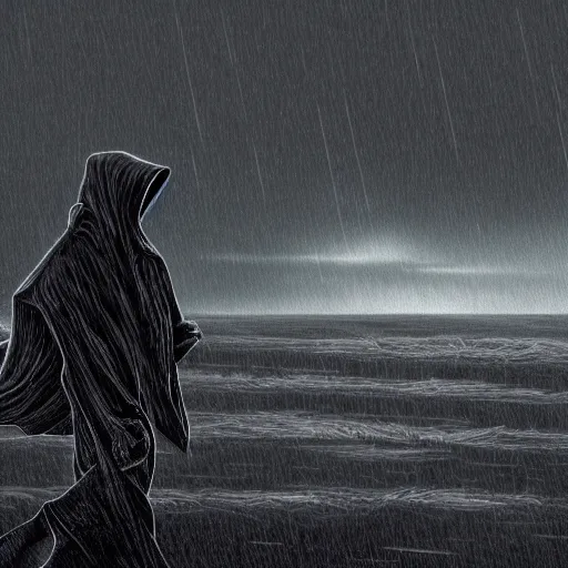 Prompt: hooded figure walking in a thunderstorm, illustration, 4 k, highly detailed