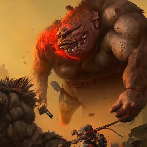 Image similar to a huge angry violent ogre stomps through a suburban neighborhood, people run, by yuumei, bayard wu, wlop, tim white, ross tran, 4 k