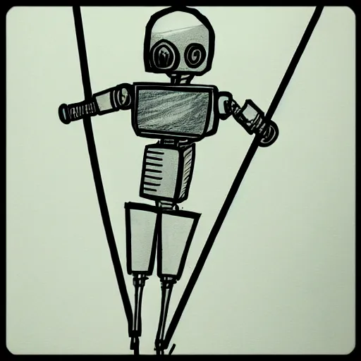 Image similar to pencil sketch of a skinny outdated awkward robot with joints that creak and a triangular head with 2 antenna