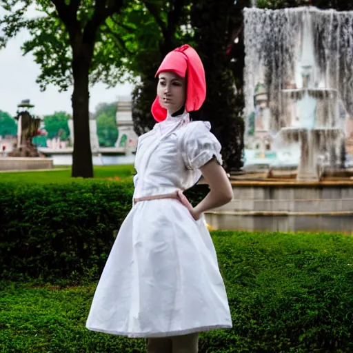 Image similar to a full body portrait of a European young maid standing in front of a fountain in a park, 8k, photo taken with Sony a7R camera, by William-Adolphe