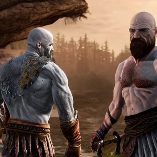 Prompt: walter white shaking hands with kratos from god of war