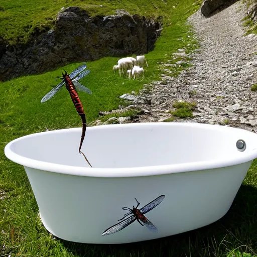 Image similar to dragonfly in a bathtub in the alps, goats! in background