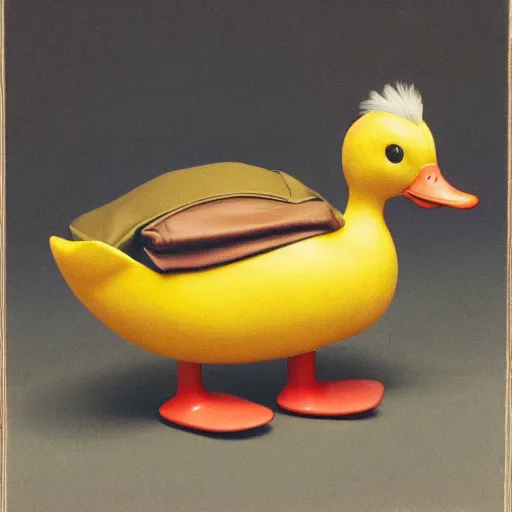 Image similar to a high detail photo of an antropomorphic duck wearing a suit, subject= duck, subject detail: wearing a suit, photorealism