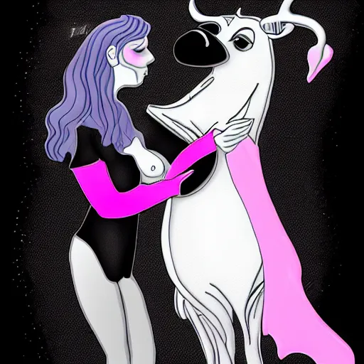 Image similar to fantasy art of a witch turning a man into a cow, black and white fur, pink udder, extremely detailed, trending on artstation