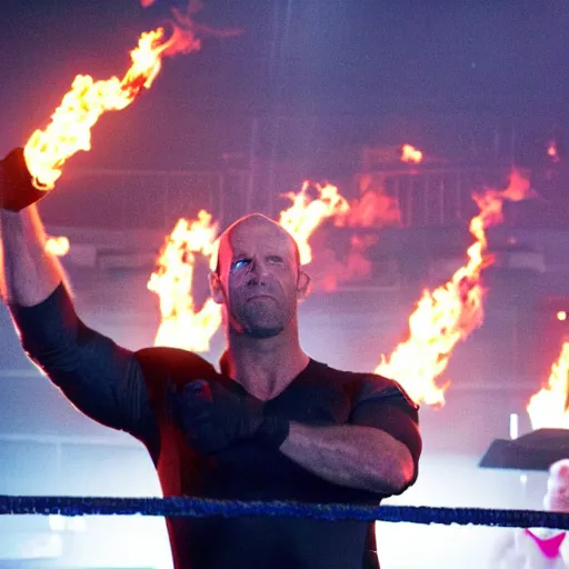 Prompt: a scene of jason statham as wrestler entering entrances, with pyro