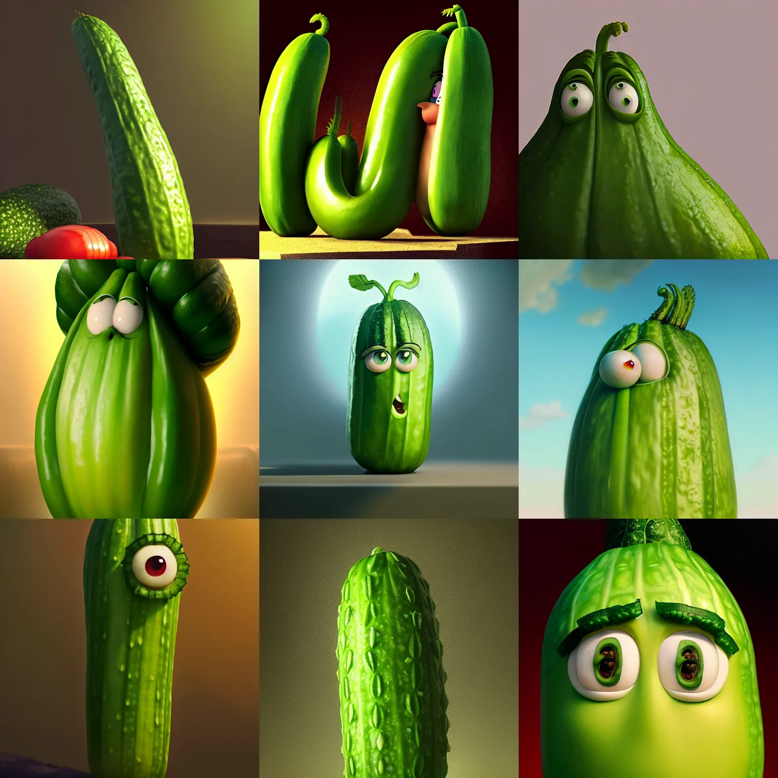 Prompt: veggietales larry the cucumber, by tom bagshaw and ilya kuvshinov, rtx rendering, octane render 1 2 8 k, maya, extreme high intricate details by wlop, digital anime art by ross tran, medium shot, composition by sana takeda, dramatic lighting by greg rutkowski