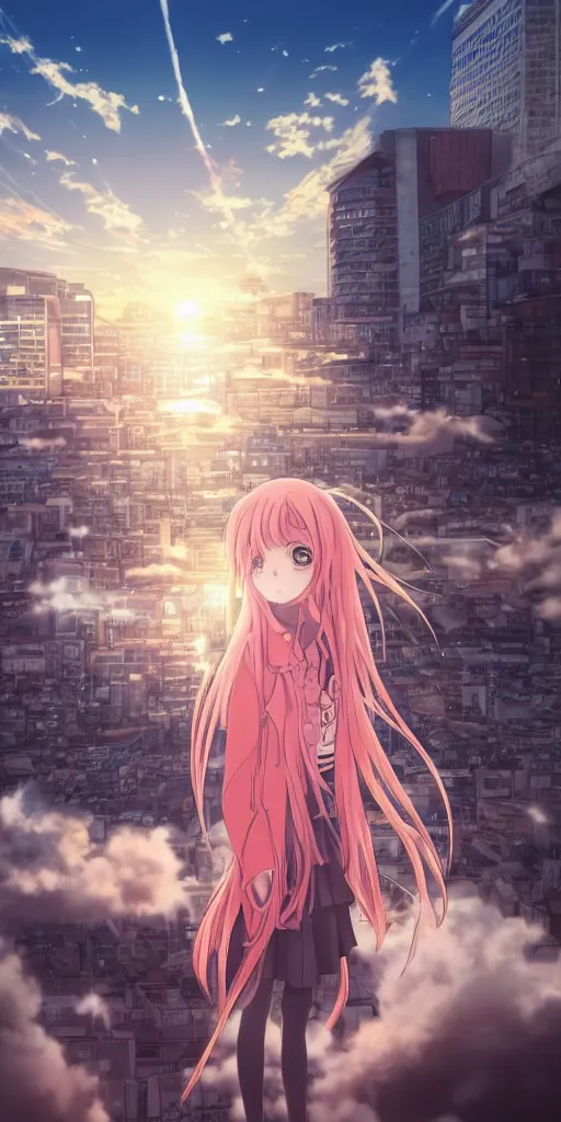 Image similar to anime art, anime key visual of a cute elegant anime girl with pink hair and big eyes on the city rooftop at sunset with clouds, golden hour sunset, background blur bokeh, beautiful lighting, high quality illustration, studio ghibli