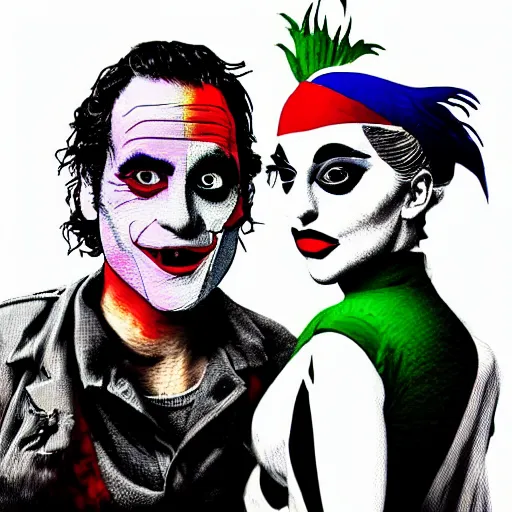 Image similar to mimmo rottela and banksy as joaquin phoenix skinny joker holding hand lady gaga harley queen, ultra photorealistic, intricate details, pop art style, concept art, 3 colors, 4 d, smooth, sharp focus