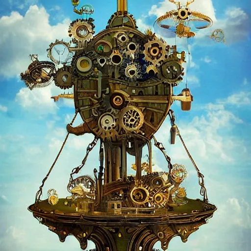 Image similar to flying city in a mechanical flower, sky, fantasy art, steampunk, masterpiece