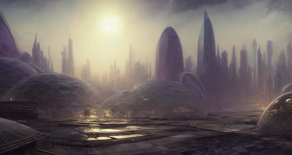 Image similar to cinematic shot, futuristic city on the moon, geodesic domes, utopian, digital painting, artstation, concept art, soft light, hdri, smooth, sharp focus, illustration, intricate, elegant, highly detailed, in the style of greg rutkowski and alphonse mucha and artemisia, 8 k, highly detailed, jurgens, rutkowski