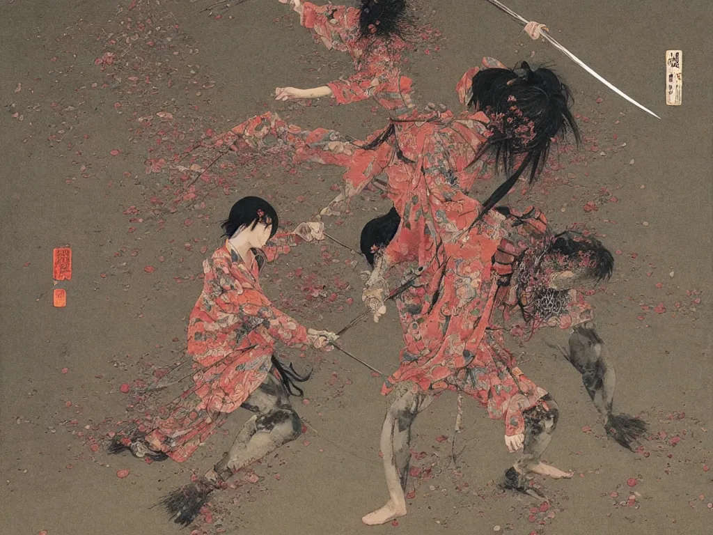 Image similar to Japanese schoolgirl runs away from Samurai with a katana on the subway, high detailed Beksinski painting, part by Adrian Ghenie and Gerhard Richter. art by Takato Yamamoto.