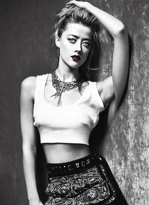 Image similar to amber heard in mini skirt and crop top tank top, platform boots, beautiful face, intricate, extremely detailed, modeling photography, 8 0 mm camera, dramatic lighting, dark room, body and face, rule of 3 rds, well proportioned