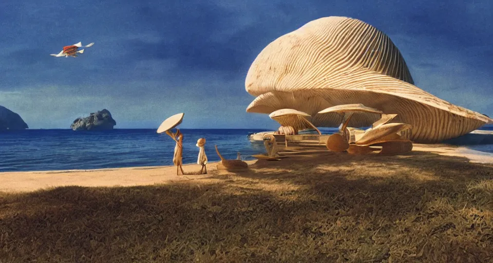 Image similar to a giant seashell house in the middle of nowhere, cinematography by syd mead, gregory crewdson