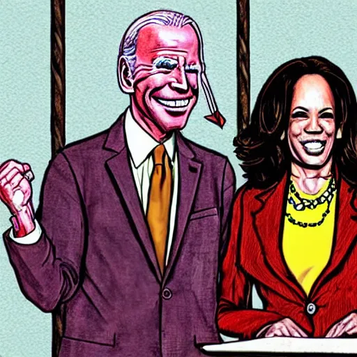 Image similar to The Artwork of R. Crumb and his Cheap Suit - Joe Biden and Kamala Harris, pencil and colored marker artwork, trailer-trash lifestyle