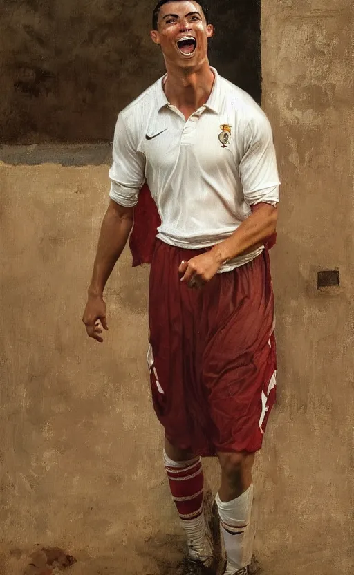 Prompt: cristiano ronaldo laughing at the camera, traditional corsican, intricate, highly detailed, pastoral, artstation, illustration, jurgens, rutkowski, bouguereau