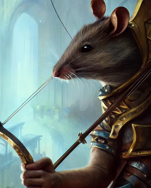 Image similar to closeup 2 8 mm anthropomorphic archer rat using a crossbow in a castle, d & d, fantasy, intricate, action pose, particle effects, highly detailed, digital painting, artstation, concept art, matte, sharp focus, volumetric lighting, illustration, hearthstone, art by artgerm, wlop, craig mullins, alphonse mucha