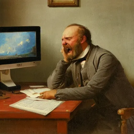 Image similar to an angry man yells at his computer monitor, oil on canvas, 1 8 8 3, highly detailed