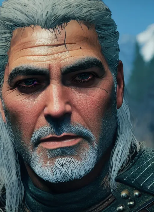 Prompt: George Clooney in The Witcher 3, gameplay, 8k, HD