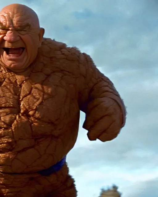 Prompt: Ed Asner starring as Ben Grimm, The Thing from The Fantastic Four Movie, battles the Thanos, Color, Modern