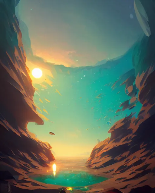 Prompt: shattered glass stylized archipelago sunrise, cracked obsidian geometric fantasy art, splattering black gold iridescent bubbly underwater scenery, greg rutkowski, loish, rhads, makoto shinkai, lois van baarle, ilya kuvshinov