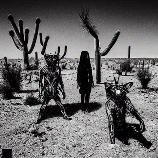 Image similar to “ real life skinwalkers in desert graveyard, vivid, realistic, terrifying ”