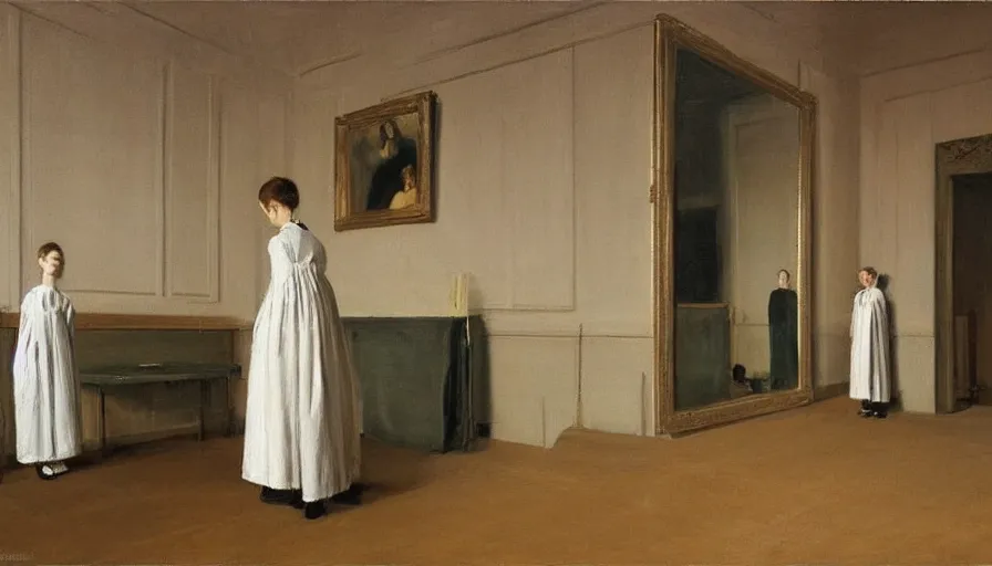 Prompt: painting by borremans, queen in a hall with mirrors on the walls, detailed, stunning