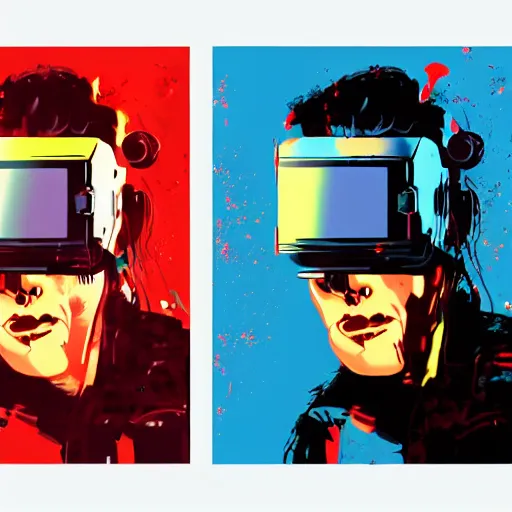 Image similar to illustration of cyberpunk terminator in vr helmet, colorful splatters, by andy warhol and by zac retz and by kezie demessance