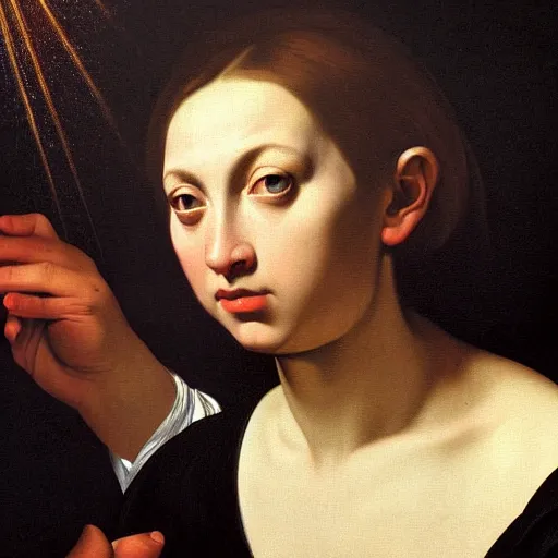 Prompt: painting portrait of bright light beams emanating from the eyes of a person, matte painting, masterpiece, by Caravaggio