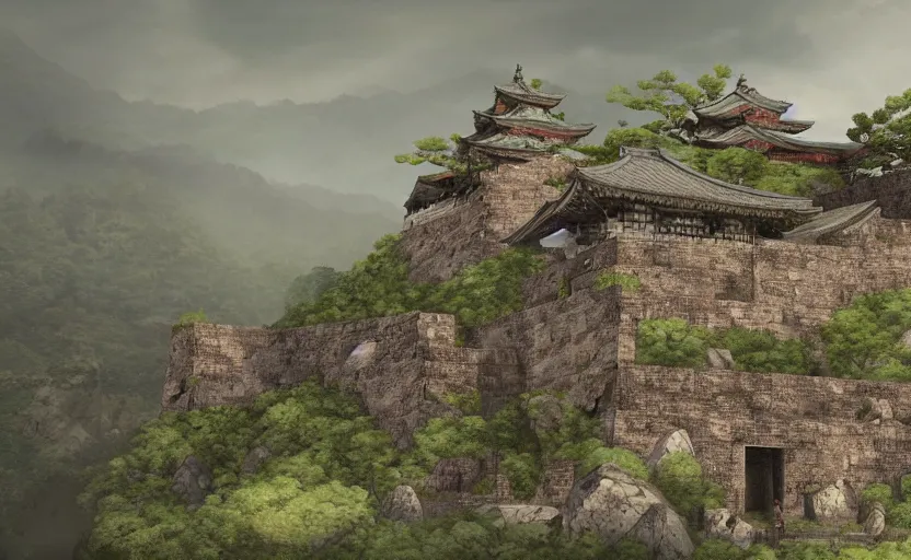 Image similar to highly detailed render of old, ruined, japanese fort from sengoku period, surrounded by dense rock formations, high in mountains, overcast weather, environment concept art, photobash, unreal engine render, nanite