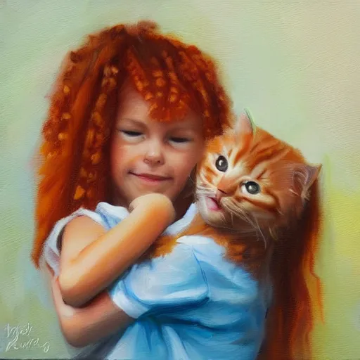 Prompt: knife palette oil painting of an orange tabby kitten with a 5 year old girl with curly blonde hair
