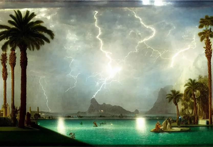 Prompt: Palace floating in the sky, refracted sparkles, thunderstorm, greek pool, beach and palm trees on the background major arcana sky, by paul delaroche, hyperrealistic 4k uhd, award-winning, very very very detailed