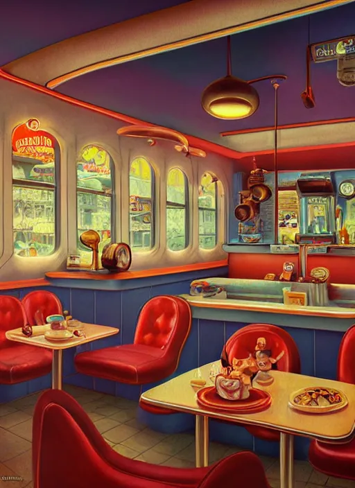 Prompt: highly detailed wide - angle portrait of a retro 1 9 6 0 s diner, nicoletta ceccoli, mark ryden, lostfish, earl nore, hyung tae, frank frazetta, global illumination, god rays, detailed and intricate environment