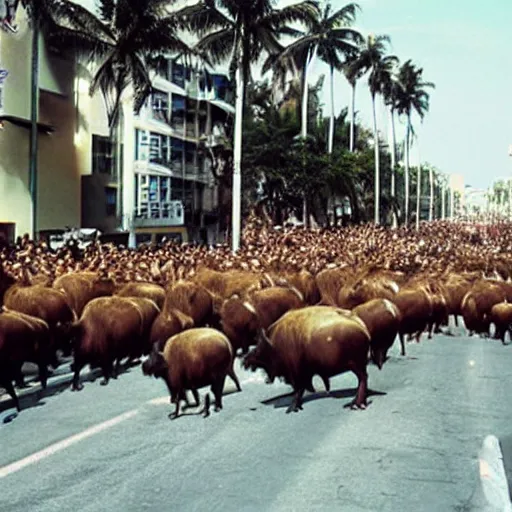 Prompt: one thousand buffaloes in the street, miami, miami vice