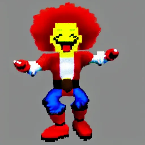 Image similar to image of ronald mcdonald, white face, red afro, red nose and yellow outfit as an enemy in 9 0's mortal kombat 3 sega genesis video game, upscaled to high resolution