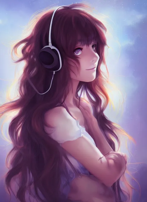 Image similar to portrait of a beautiful anime girl with curly brown hair listening to music, digital painting, trending on artstation, deviantart, artgem, perfect composition, ross draws, wlop